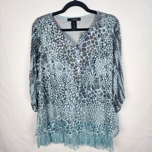 Ali Miles Blue Tunic Top Lace Hem Roll Tab Sleeves Size Medium Lagenlook‎ Artsy